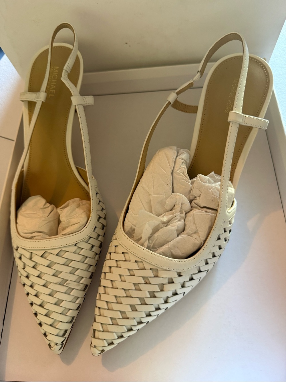 Michael Kors Cream Woven Pointed Slingback Heels